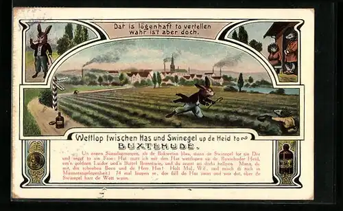 Künstler-AK Buxtehude, Stadtpanorama mit Hase und Igel beim Wettrennen