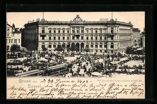 AK Kassel, Markt und Strassenbahn vor dem Postgebäude