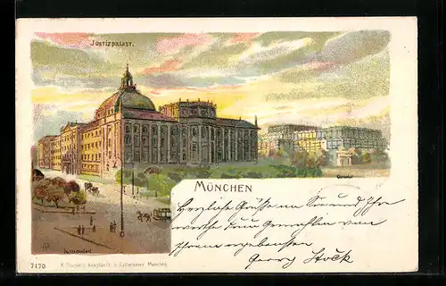 Lithographie München, Justizpalast und Glaspalast