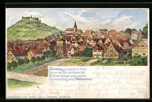 Lithographie Weinsberg, Teilansicht mit Burg Weibertreu