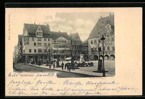 AK Heilbronn, Strassenpartie mit Geschäft und Denkmal