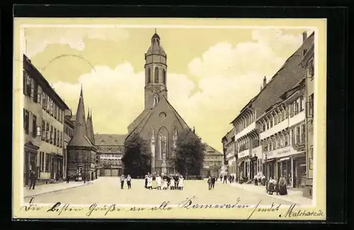 AK Einbeck, Marktplatz mit Geschäften und Kirche