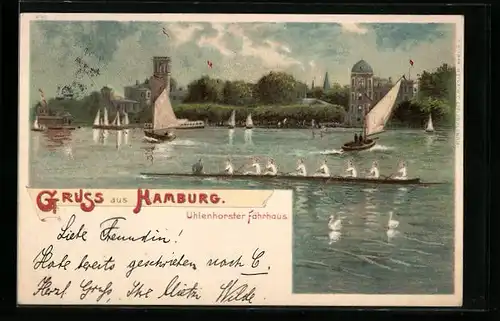 Lithographie Hamburg, Flusspartie mit Booten, Uhlenhorster Fährhaus