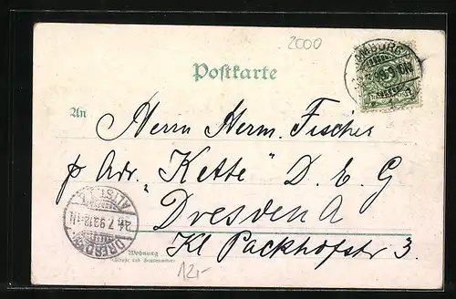 Lithographie Hamburg, Uferpartie mit Fährhaus Uhlenhorst, Segelboot