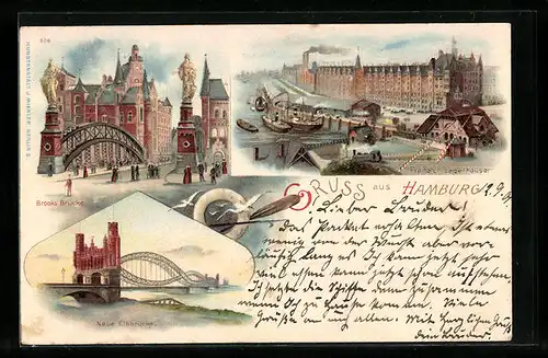 Lithographie Hamburg, Freihalen Lagerhaus, Brooks Brücke, Neue Elbbrücke