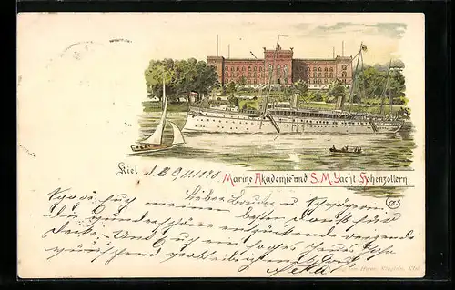 Lithographie Kiel, Marine Akademie und S. M. Yacht Hohenzollern