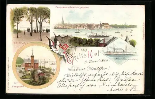 Lithographie Kiel, Panorama v. Gaarden gesehen, Bellevue, der Seegarten, S. M. Yacht Hohenzollern