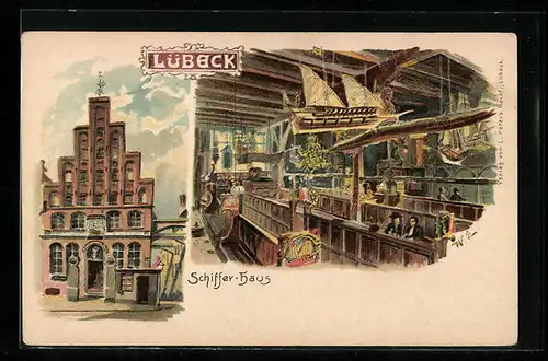 Lithographie Lübeck, Schiffer-Haus von innen und aussen