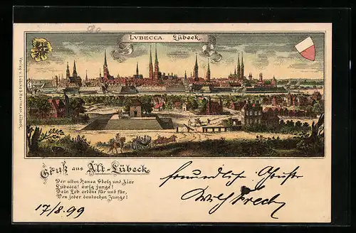 Lithographie Lübeck, Blick zur Altstadt mit Stadtmauer