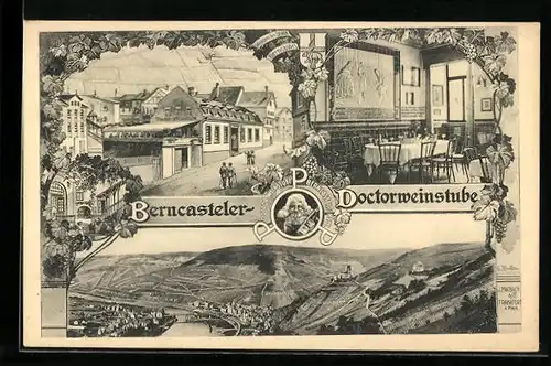 AK Berncastel, Gasthaus Doctorweinstube, Totalansicht mit Gebirge