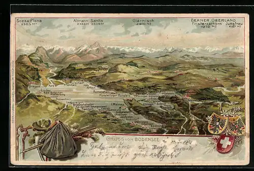 Präge-Lithographie Lindau a. Bodensee, Bodensee-Panorama mit Alpen