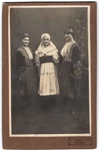 Fotografie K. Wohlleben, Oeslau, drei junge Frauen in Trachtenkleidern mit Bestickung