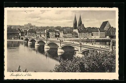 AK Frankfurt a. d. Oder, Ortsansicht mit Fluss und Brücke