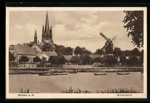 AK Werder a. H., Uferpartie mit Kirche und Mühle, Windmühle
