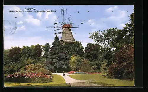 AK Bremen, Blumenschule und Herdentorsmühle am Wall