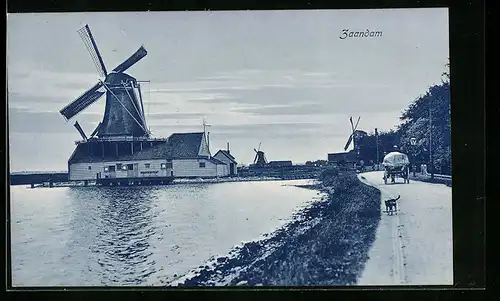 AK Zaandam, Uferpartie mit Windmühlen