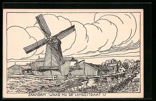 Künstler-AK Zaandam, Waar nu de Langestraat is, Windmühle