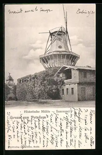 AK Potsdam-Sanssouci, Historische Windmühle mit Nachbargebäuden