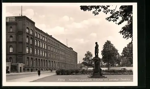 AK Elbing, Verwaltungsgebäude Schichau mit Schichau-Denkmal