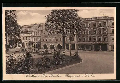 AK Friedland /Bez. Breslau, Ringstrasse mit Gasthof zum goldenen Löwen u. untere Lauben