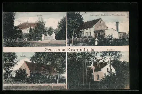 AK Krummlinde, Schloss, Forsthaus, Schule, Buchmann`s Bäckerei