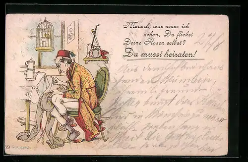 Vorläufer-Lithographie Mann bei der Heimarbeit 1895