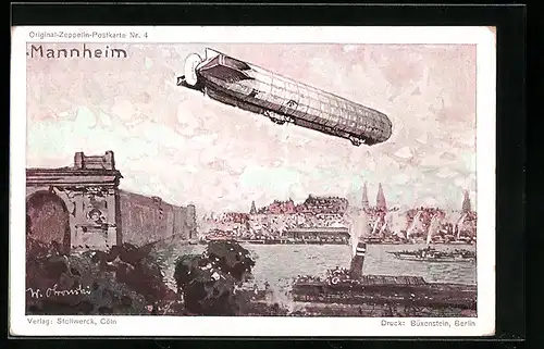 Künstler-AK Mannheim, Zeppelin über Dampfschiff mit Brücke - Zeppelin-Postkarte Nr. 4 von Stollwerck