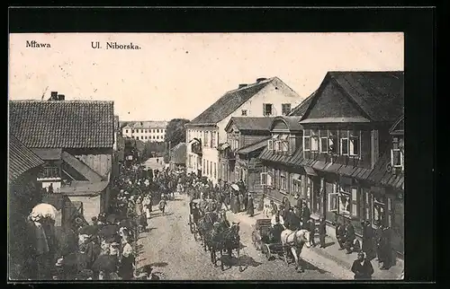 AK Mlawa, Ul. Niborska, Einwohner begrüssen einziehende Soldaten