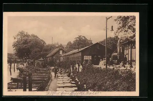 AK Breslau, Gasthaus Restauration Gondelhafen / Zelte Hermann Röhl, Promenadenansicht mit Booten