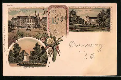 Lithographie Liegnitz, Breslauer Platz, Schiesshaus, Krieger-Denkmal