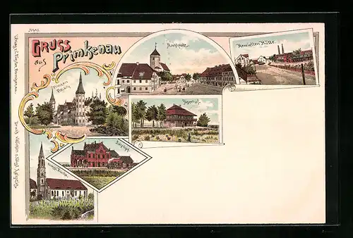 Lithographie Primkenau, Marktplatz, Henrietten Hütte, Bahnhof, Jägerhof