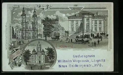 Mondschein-Lithographie Liegnitz, Ortspartie mit Rathaus, Kaiserliches Hauptpostamt