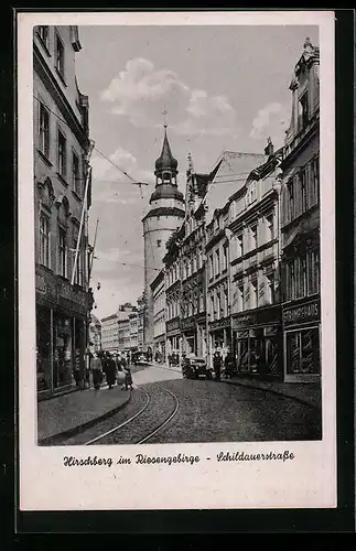 AK Hirschberg /Riesengebirge, Schildauerstrasse mit Geschäften und Turm