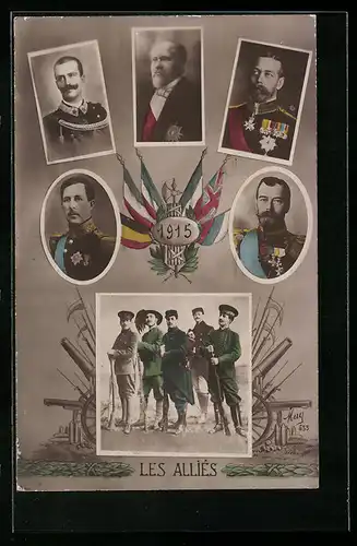 AK Les Allies, Zar Nikolaus II. von Russland in Uniform, König von Belgien Vittorio Emanuele von Italien