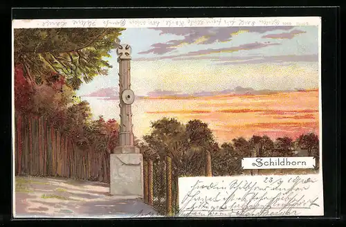 Lithographie Berlin-Schildhorn, Denkmal im Abendrot