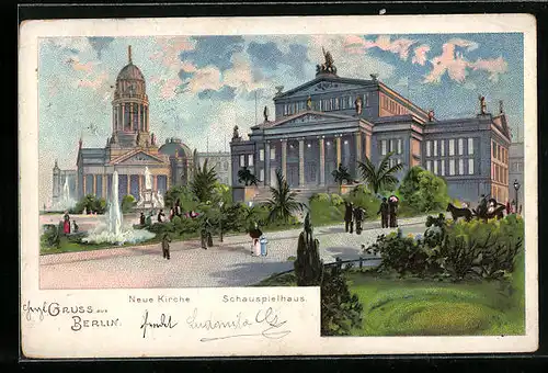 Lithographie Berlin, Neue Kirche und Schauspielhaus, Gendarmenmarkt