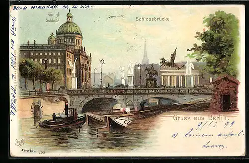 Lithographie Berlin, Schlossbrücke und Königl. Schloss