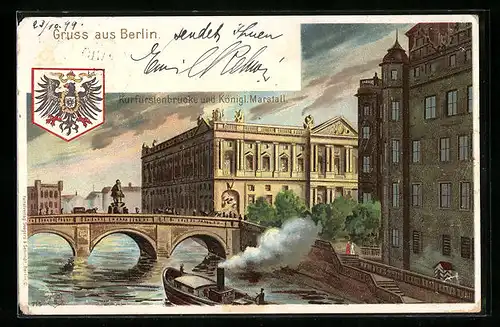 Lithographie Berlin, Kurfürstenbrücke und Königl. Marstall