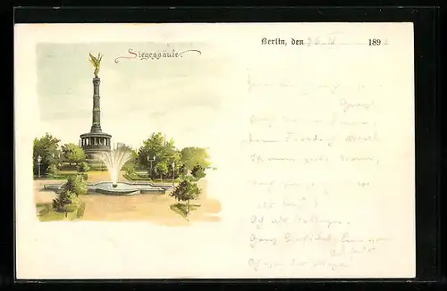 Lithographie Berlin-Tiergarten, Brunnen vor der Siegessäule