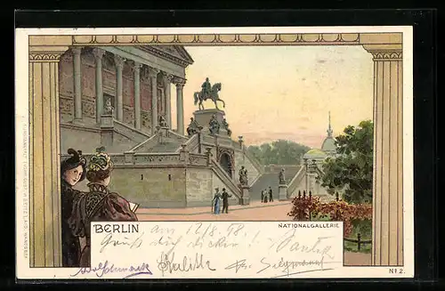Lithographie Berlin, Zwei Frauen vor der Nationalgallerie