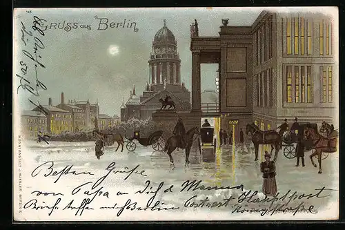 Mondschein-Lithographie Berlin, Passanten im Vollmondlicht auf dem Gendarmenmarkt