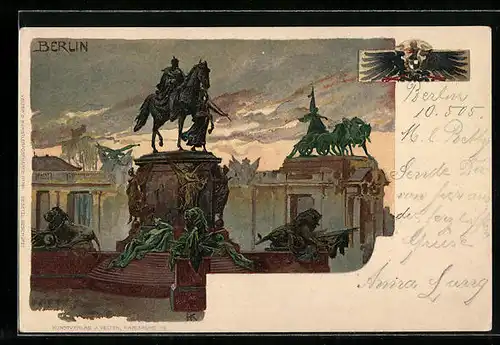 Lithographie Berlin, Ortspartie mit Denkmal