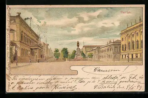 Lithographie Berlin, Unter den Linden mit Gebäuden und Denkmal