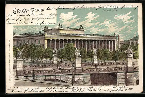 Lithographie Berlin, Blick auf die Schlossbrücke und Altes Museum
