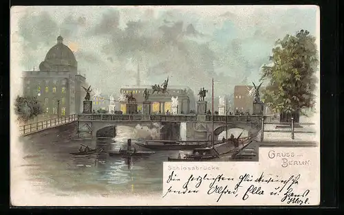 Lithographie Berlin, Schlossbrücke bei Vollmond