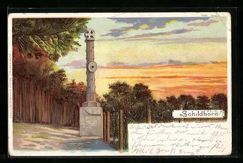 Lithographie Berlin-Schildhorn, Ortspartie mit Denkmal