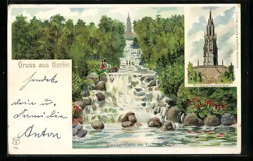 Lithographie Berlin, Wassersturz im Victoria-Park, Kriegerdenkmal