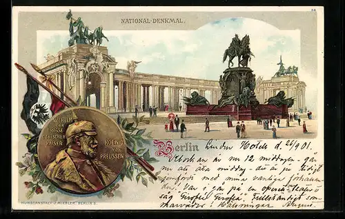 Lithographie Berlin, National-Denkmal, Münze Wilhelm I., Fahnen