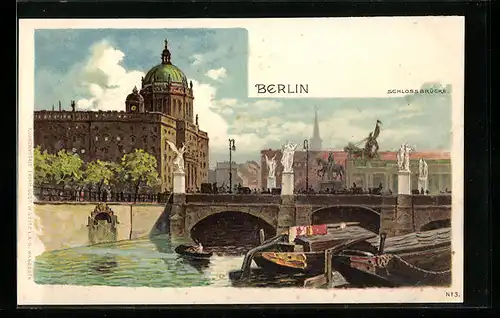Lithographie Berlin, Passanten auf der Schlossbrücke