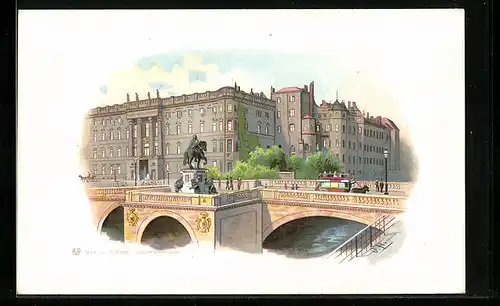 Lithographie Berlin, Blick auf die Kurfürstenbrücke und Schloss